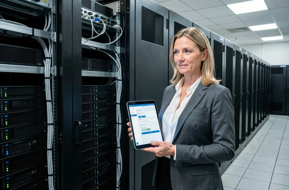 Administratrice système vérifiant l'archivage sécurisé des emails Zimbra dans une salle serveur municipale