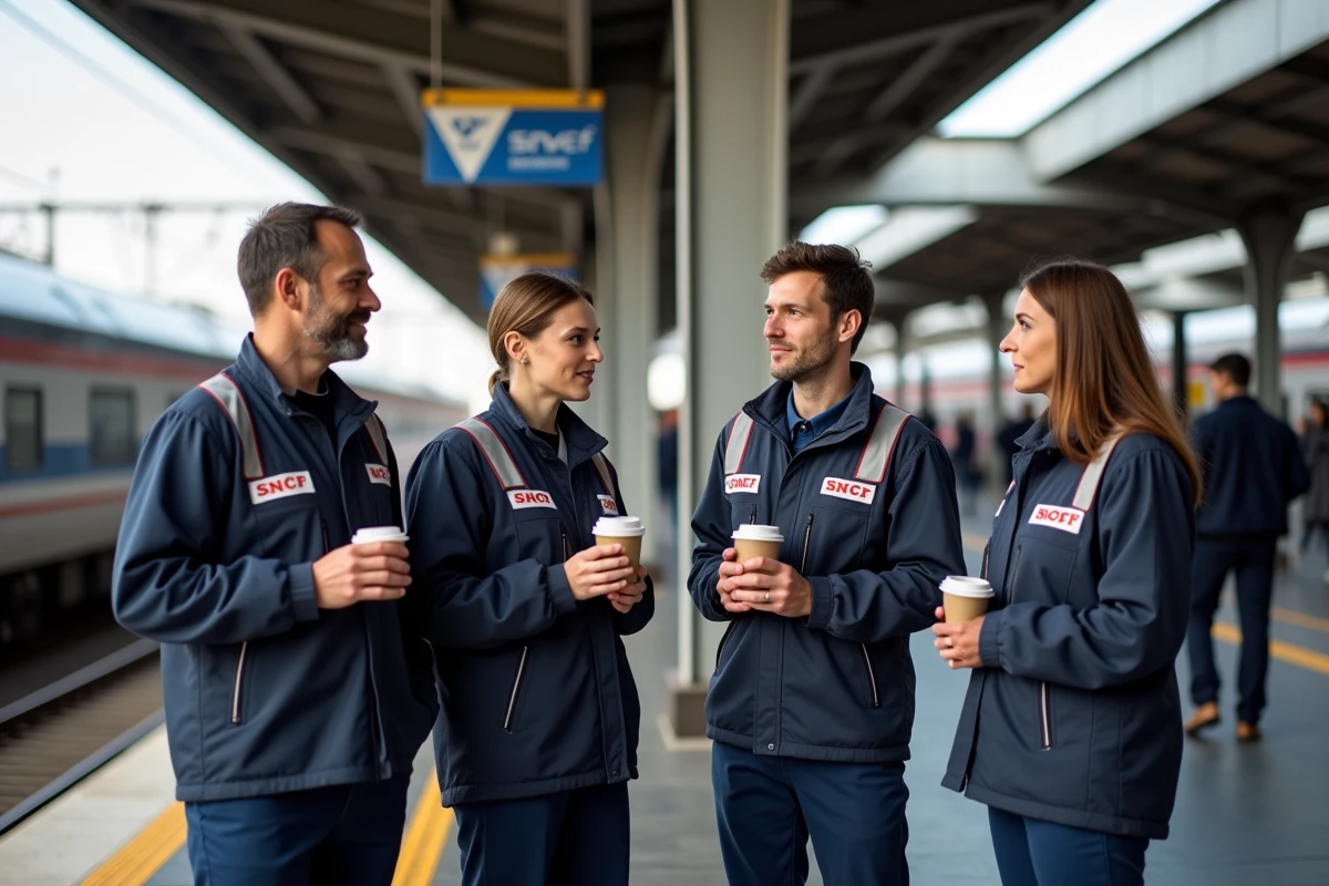 Agents SNCF en uniforme sur un quai de gare discutant lors d'une pause, symbolisant le décalage entre les salaires des employés et ceux des dirigeants