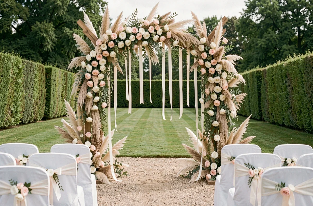 Arche de cérémonie de mariage fleurie en roses blanches et roses poudré dans un jardin élégant en plein air