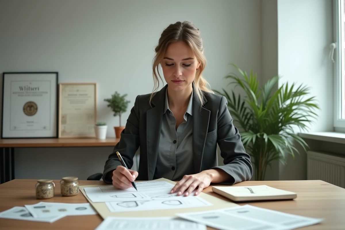 Artisane vérifiant ses documents de certification et diplôme de maître artisan dans un bureau professionnel