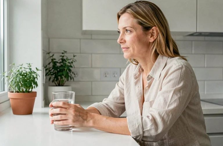 Femme tenant un verre d'eau claire pendant son jeûne intermittent dans une cuisine minimaliste