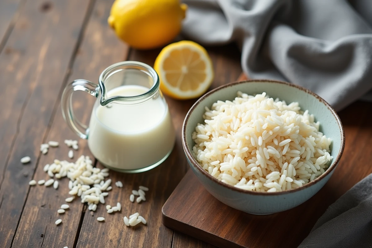 Bol de riz blanc et pichet d'eau de riz sur une table en bois rustique pour la récupération sportive
