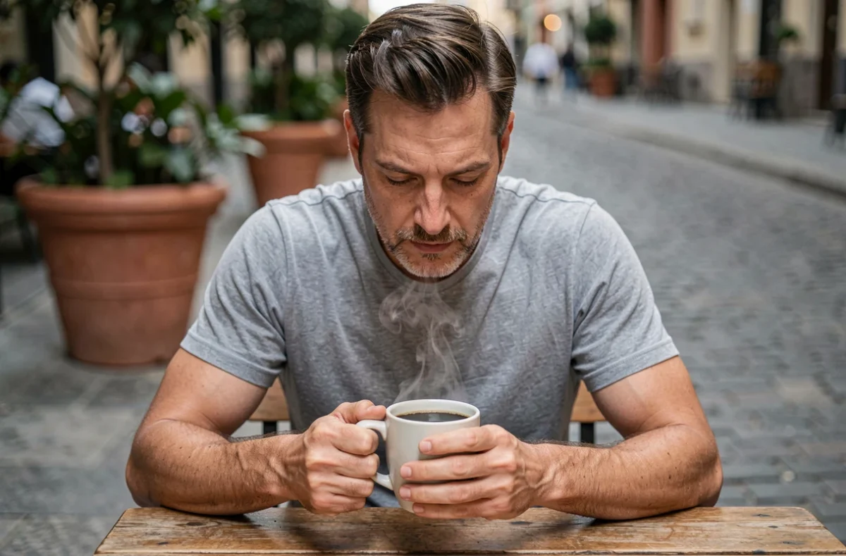 Homme savourant un café noir sans sucre en terrasse durant une période de jeûne intermittent