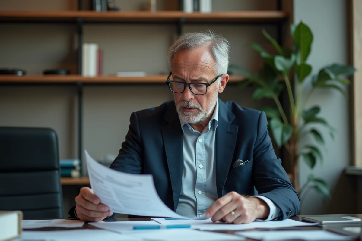 Chef d'entreprise analysant les documents financiers liés à la fermeture de son entreprise en 2024