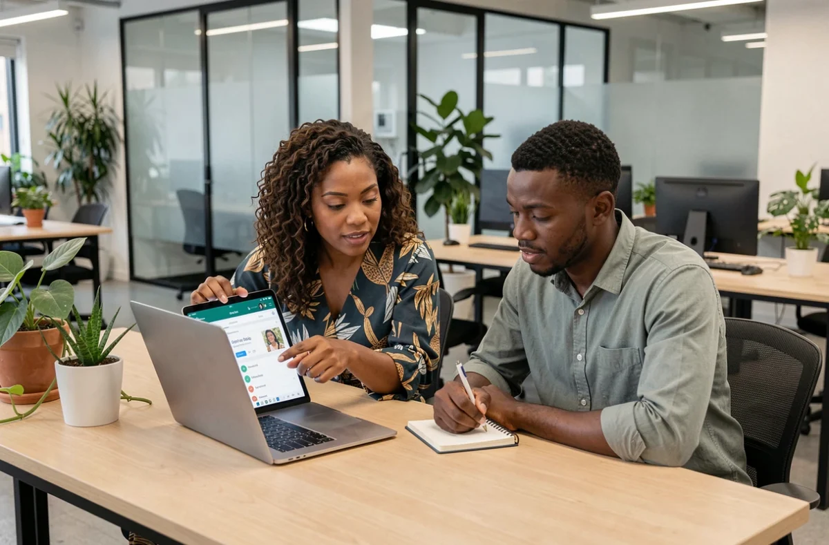 Deux collègues africains collaborant sur une stratégie pour gagner de l'argent en ligne avec Orange Money dans un espace de coworking