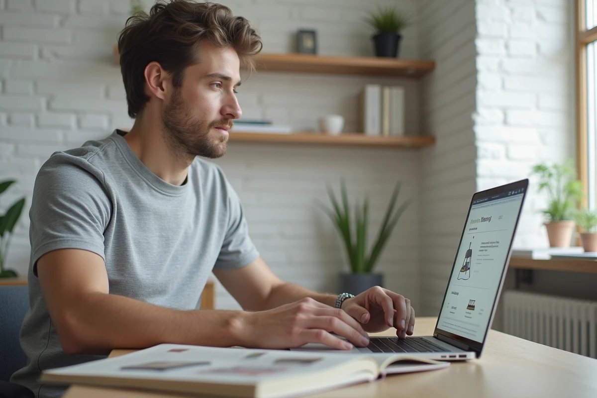 Homme comparant un ancien catalogue Quelle papier à une boutique en ligne moderne sur ordinateur portable, symbolisant l'évolution du commerce