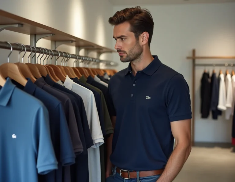 Homme comparant des polos Lacoste, Ralph Lauren et Fred Perry dans une boutique de mode haut de gamme