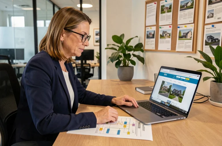 Femme professionnelle en agence immobilière consultant un sitemap imprimé et un site immobilier sur ordinateur portable