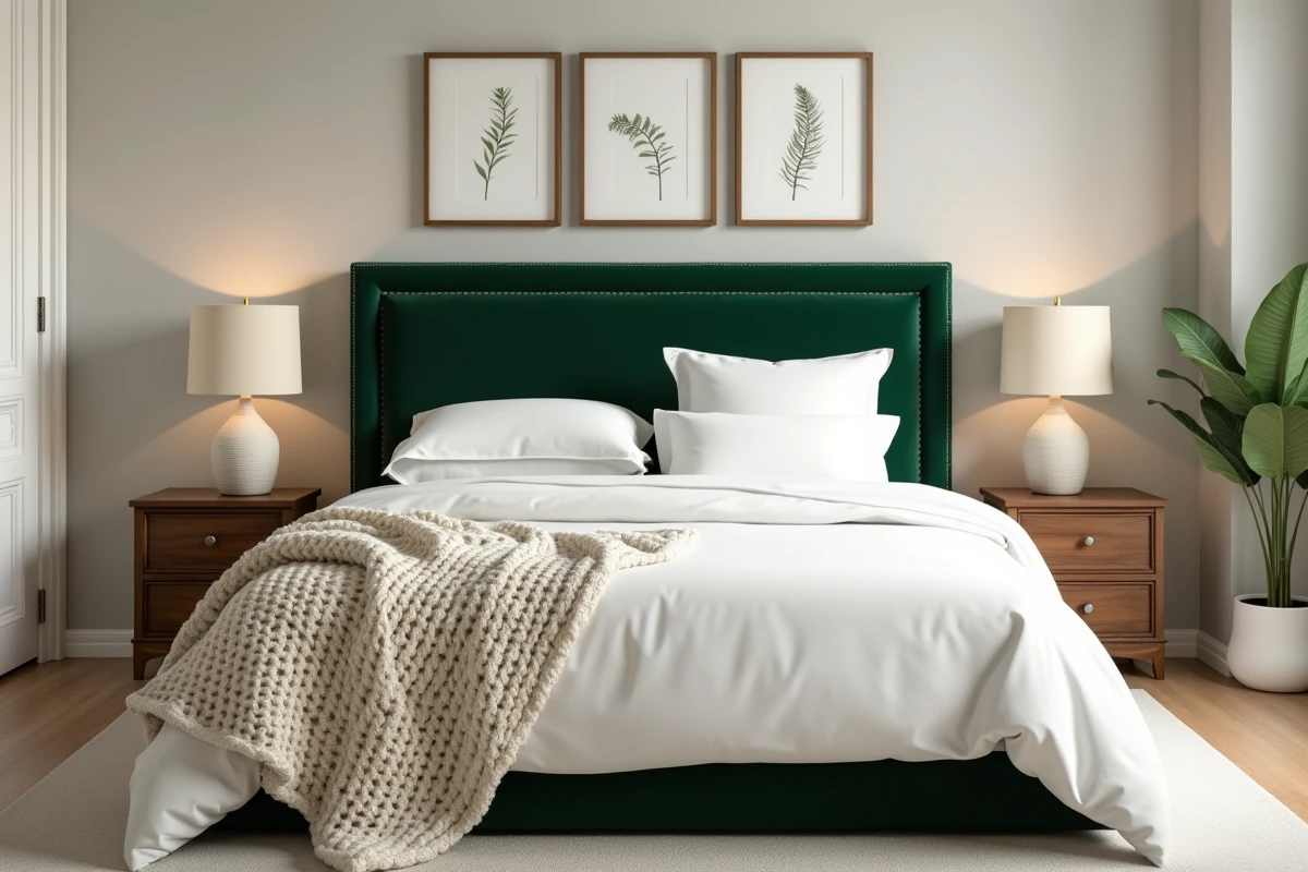 Chambre à coucher élégante avec tête de lit en velours vert, parure de lit blanc et mur de cadres botaniques pour une décoration intérieure raffinée
