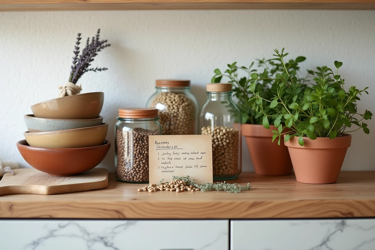 Étagère de cuisine en chêne décorée de céramiques artisanales, bocaux en verre et herbes fraîches pour une décoration intérieure naturelle et authentique