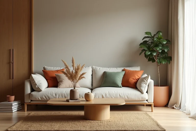 Salon moderne décoré avec canapé en lin, coussins terracotta, table basse en chêne et plante verte dans un intérieur chaleureux aux tons neutres