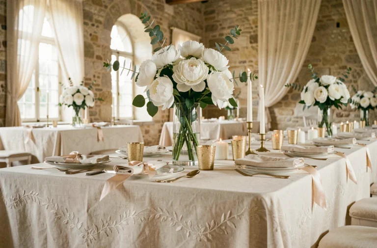 Table de mariage élégamment décorée avec pivoines blanches, bougeoirs dorés et vaisselle fine dans un château français