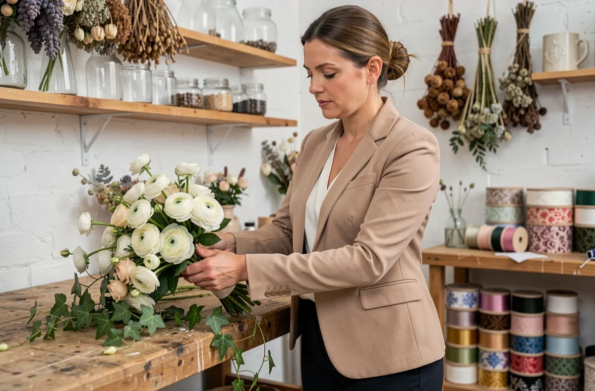 Décoratrice de mariage arrangeant un bouquet de mariée dans un atelier floral artisanal élégant