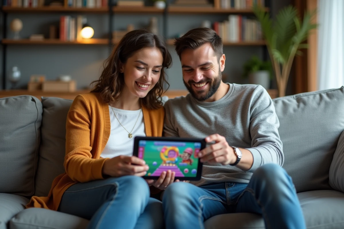 Deux amis adultes jouant ensemble à un jeu de société mobile sur tablette dans un salon moderne