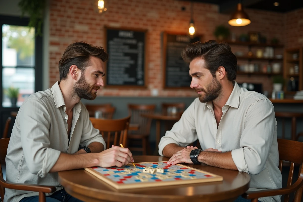 Deux hommes adultes en compétition amicale au Scrabble dans un café avec les mots ACE et GIN sur le plateau