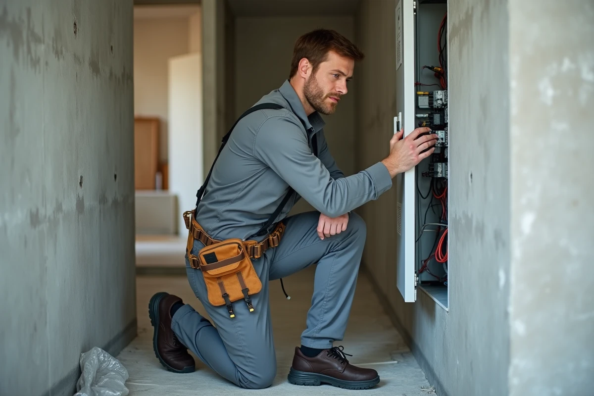 Électricien professionnel inspectant un tableau électrique dans un appartement en rénovation, métier manuel rémunéré à 20 euros de l'heure