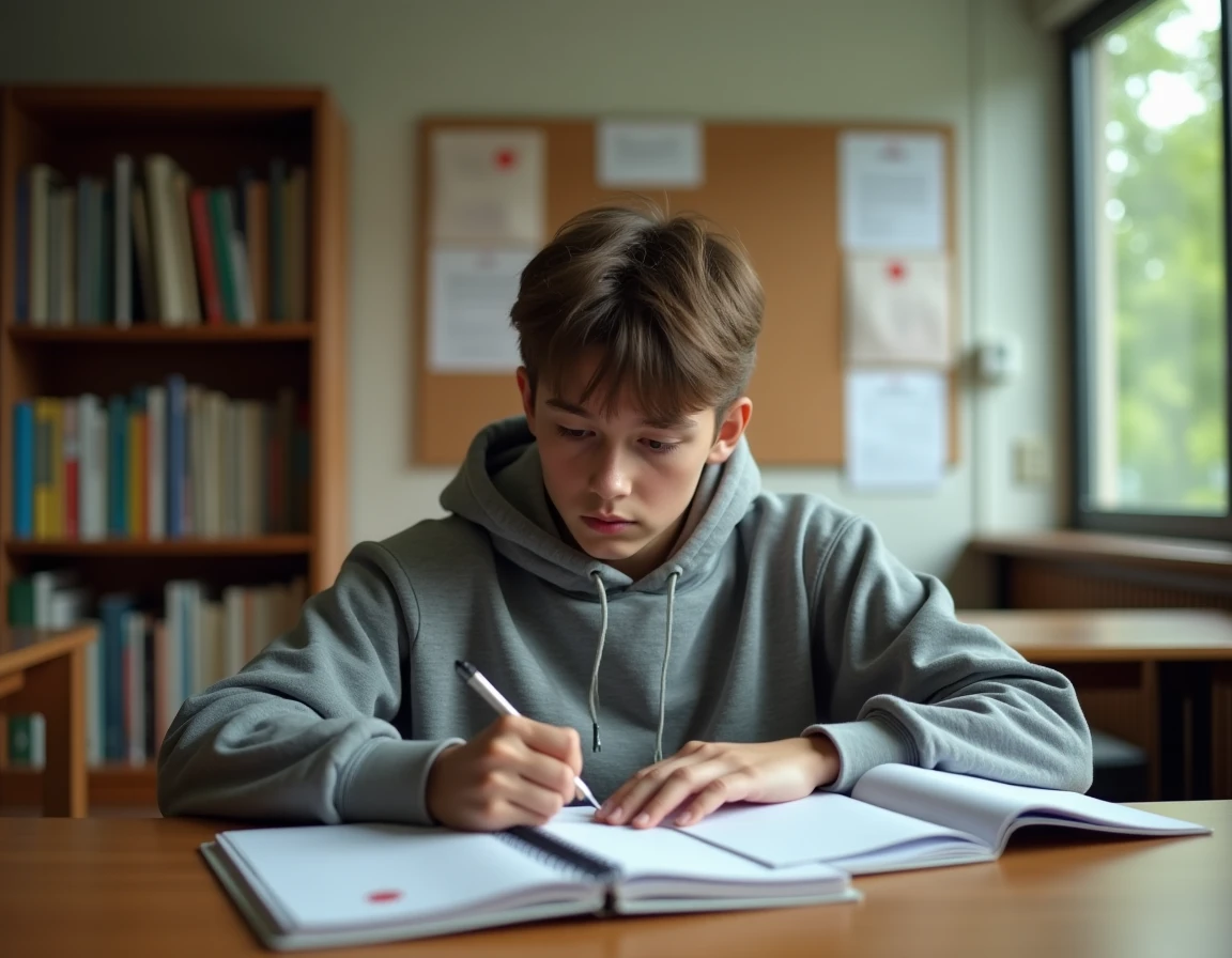 Élève adolescent étudiant seul dans une bibliothèque scolaire avec un livret du programme Ma Classe 2023