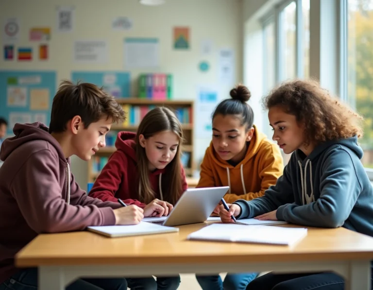 Groupe d'élèves adolescents collaborant autour d'une tablette numérique dans une salle de classe moderne du programme Ma Classe 2023