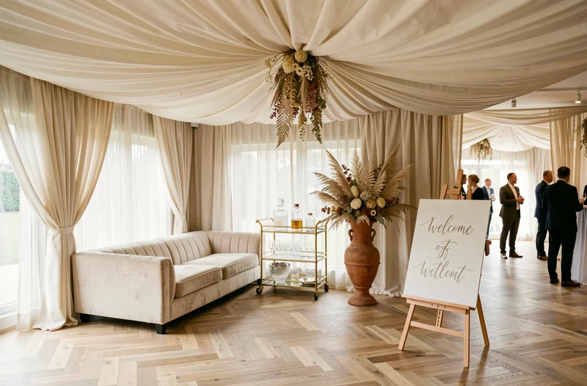 Espace cocktail de mariage décoré avec velours crème, chariot doré, installation florale séchée et tissu organza au plafond