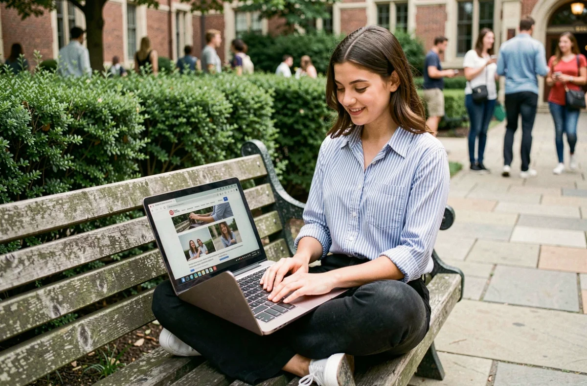 Jeune femme utilisant un ordinateur portable gratuit obtenu via une aide étudiante sur un campus universitaire