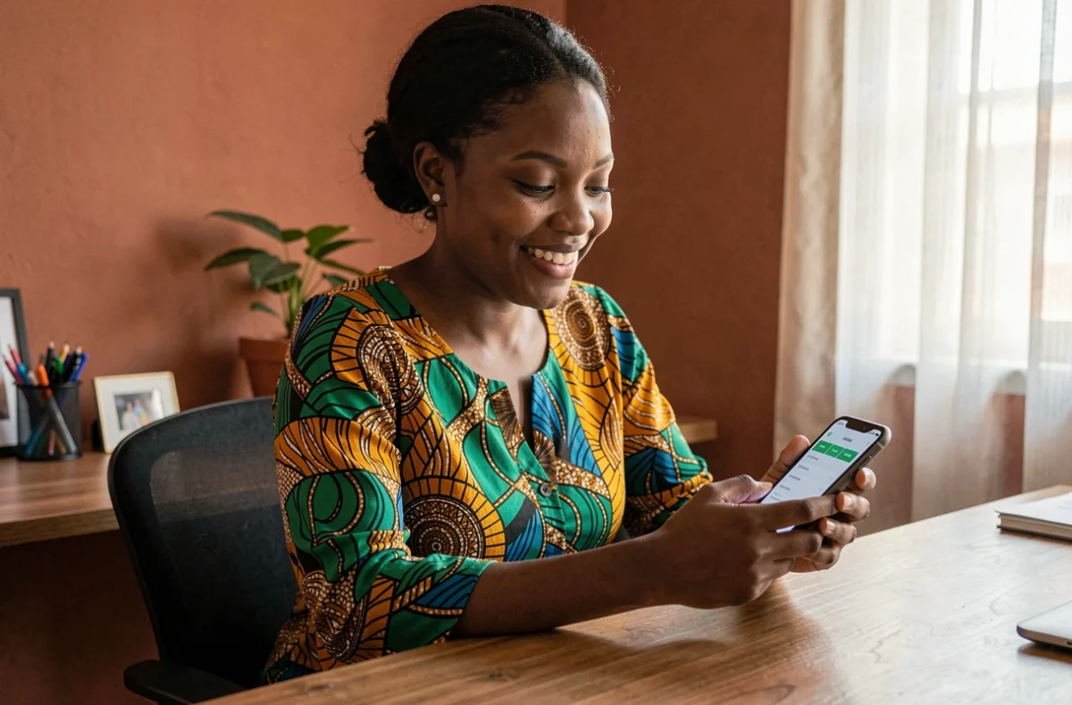 Jeune femme africaine utilisant Orange Money sur son smartphone pour gagner de l'argent en ligne depuis chez elle