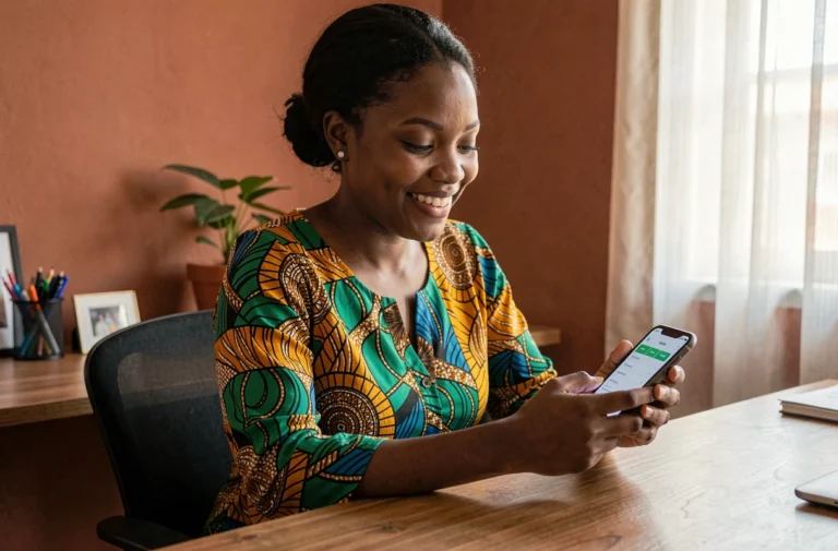 Jeune femme africaine utilisant Orange Money sur son smartphone pour gagner de l'argent en ligne depuis chez elle