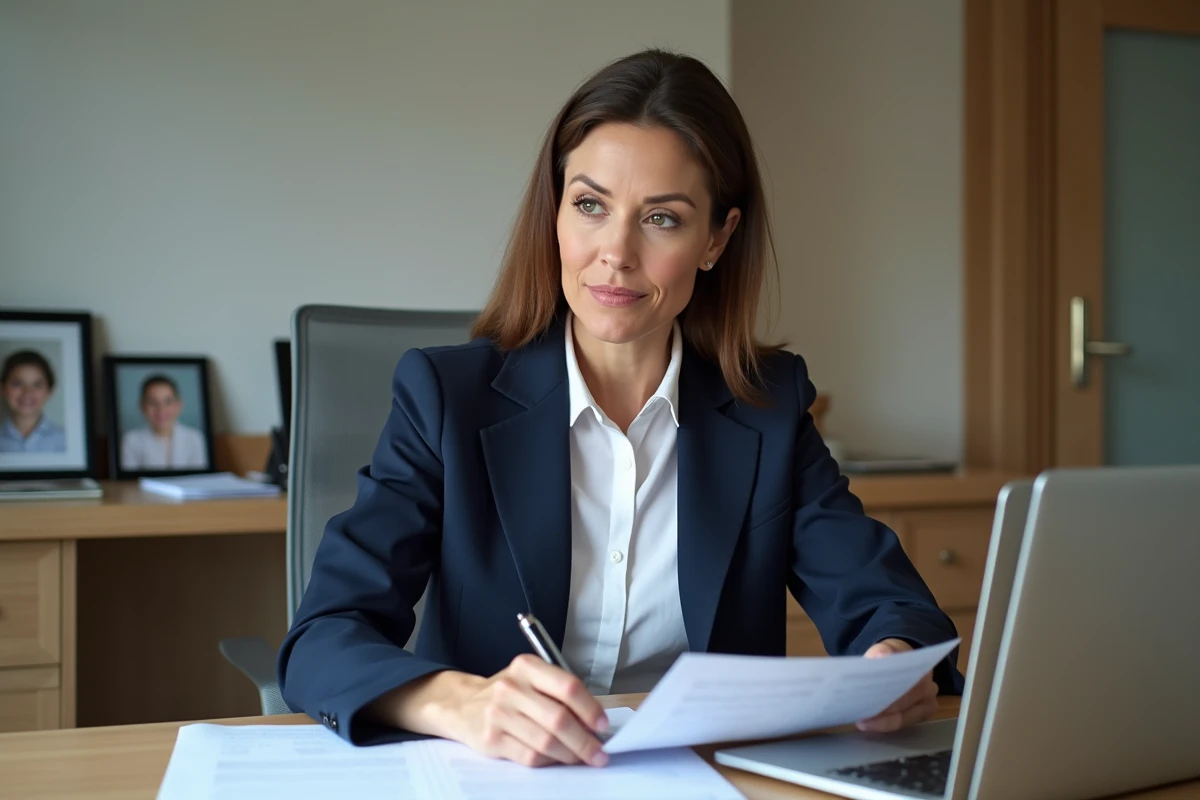 Une femme professionnelle examine des documents confidentiels dans un bureau à domicile organisé, symbolisant la protection des données personnelles de ses enfants