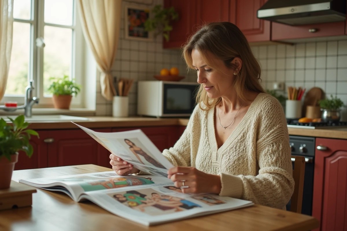Femme feuilletant un catalogue Quelle imprimé dans une cuisine rétro des années 1990, évoquant l'histoire du shopping par correspondance