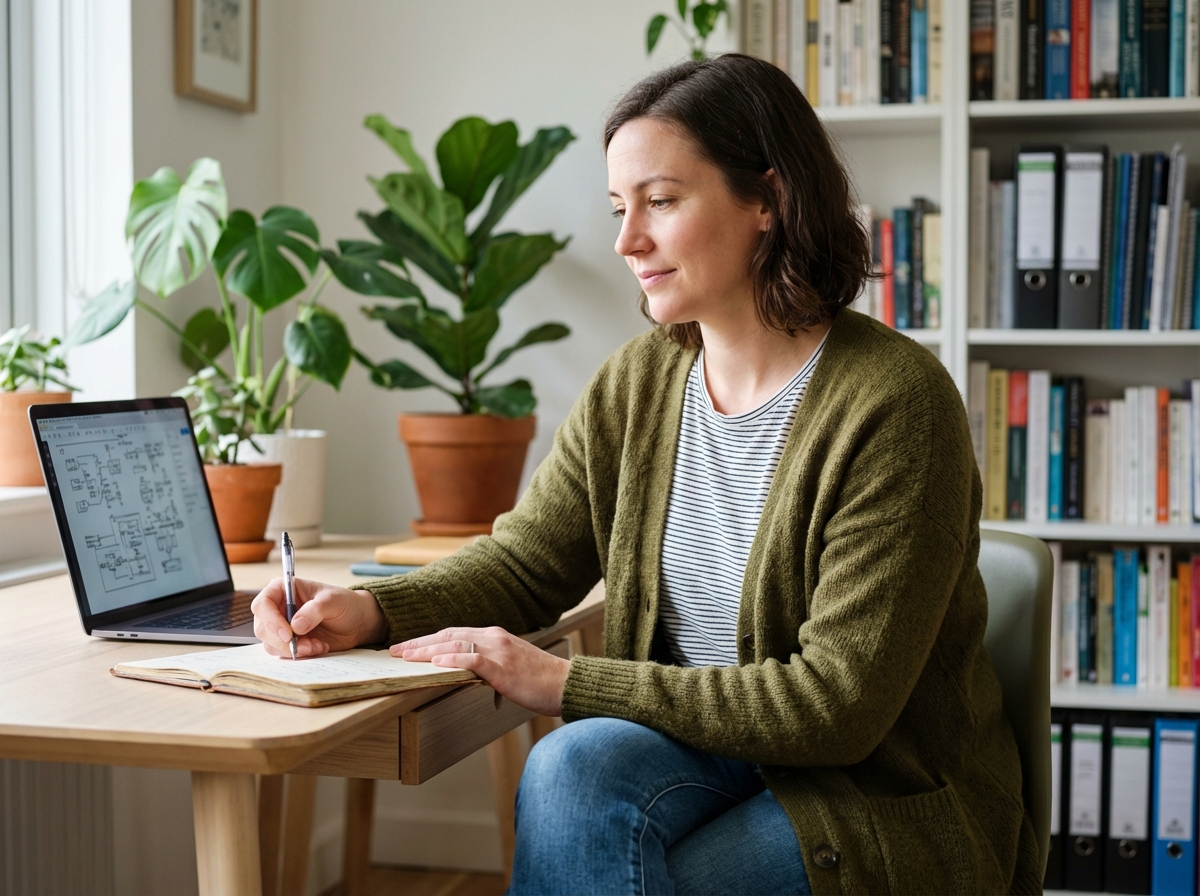 Jeune femme en home office prenant des notes