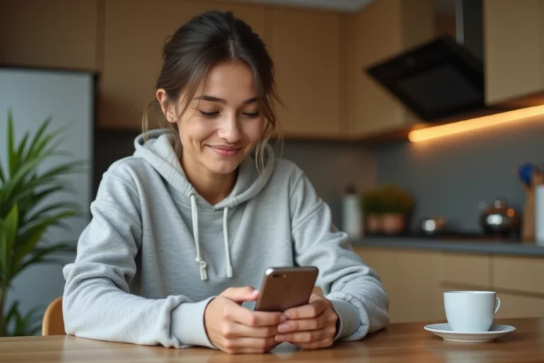 Jeune femme jouant à Monopoly Go sur smartphone à une table de cuisine en bois, concentrée et souriante
