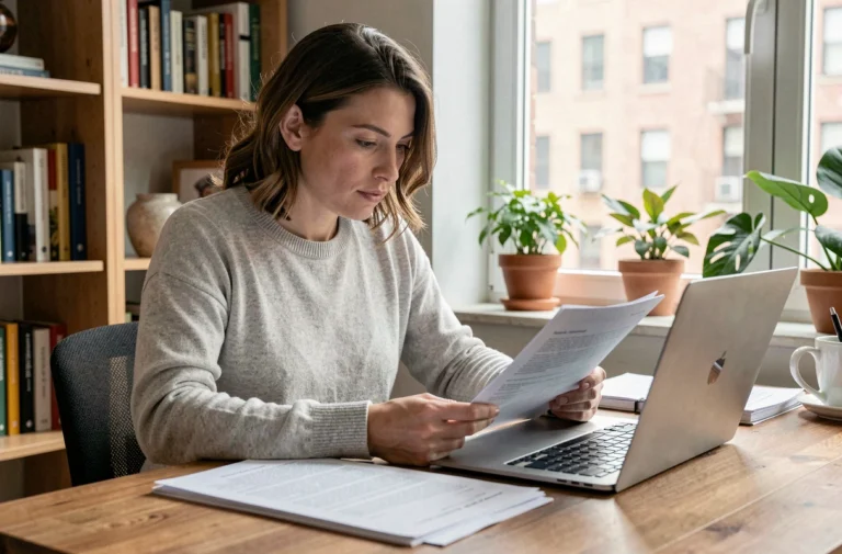 Femme consultant des documents pour obtenir un ordinateur gratuit légalement depuis son bureau à domicile