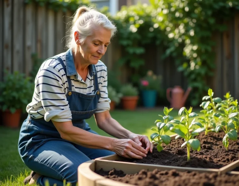 Femme jardinière plantant des semis de fleurs dans un parterre surélevé en bois, jardin naturel avec pots en terre cuite