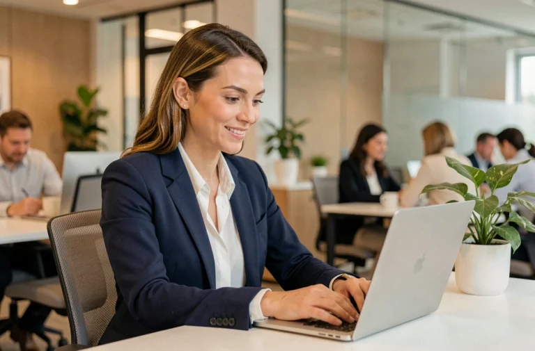 Femme professionnelle consultant des actualités carrière sur son ordinateur portable dans un bureau moderne