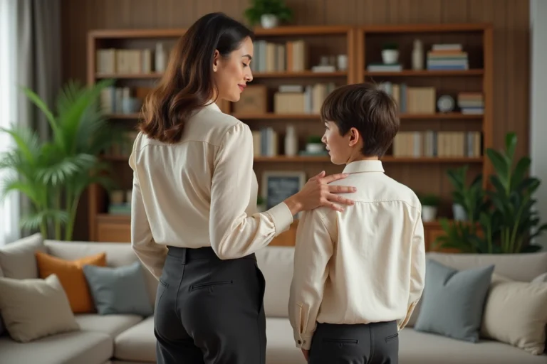 Une femme protectrice pose la main sur l'épaule d'un adolescent dans un salon familial chaleureux, illustrant la protection de la vie privée des enfants