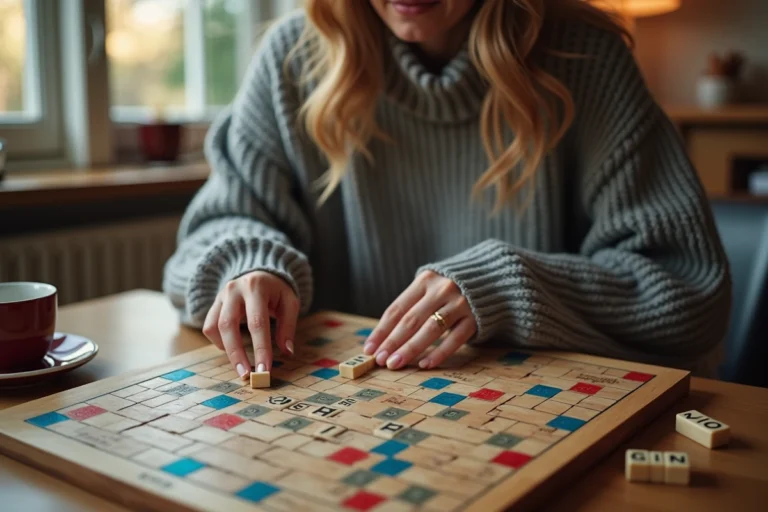 Femme adulte jouant au Scrabble et plaçant des tuiles ACE et GIN sur un plateau en bois dans un salon chaleureux