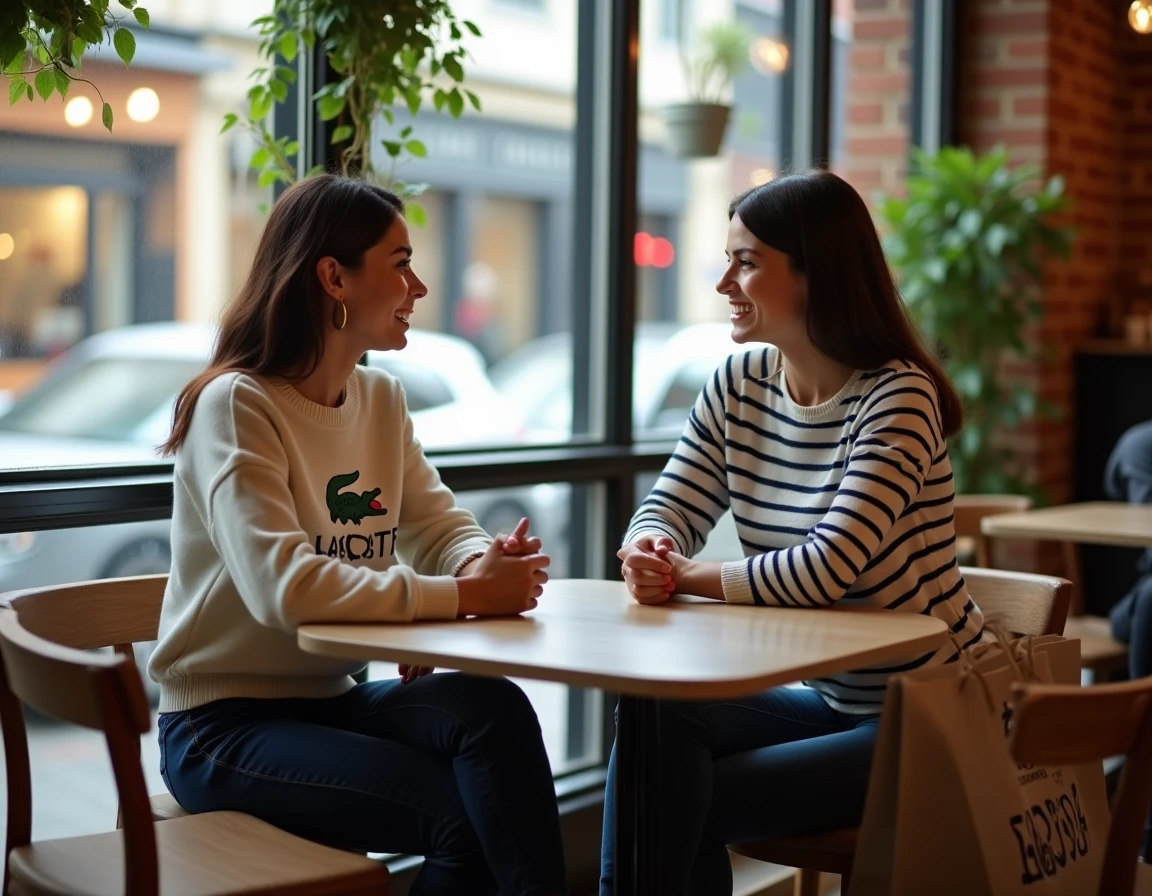 Deux femmes discutant de mode dans un café urbain, portant des vêtements Lacoste et Tommy Hilfiger