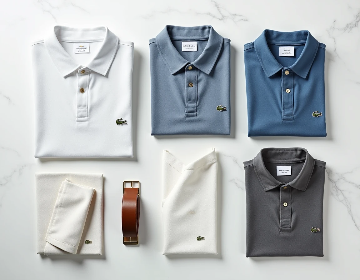 Flat lay de polos et accessoires de marques rivales à Lacoste sur un fond en marbre blanc