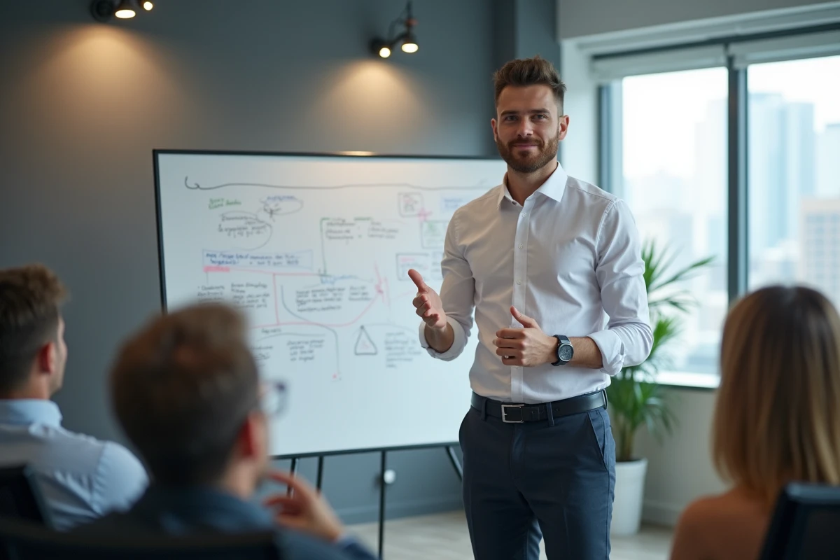 Formateur professionnel animant une session de formation en entreprise, illustration des professions à fort taux horaire