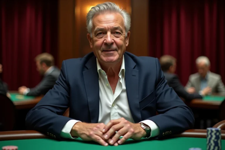 Gilles Favard joueur de poker assis à une table de casino avec des jetons empilés devant lui, expression concentrée et assurée