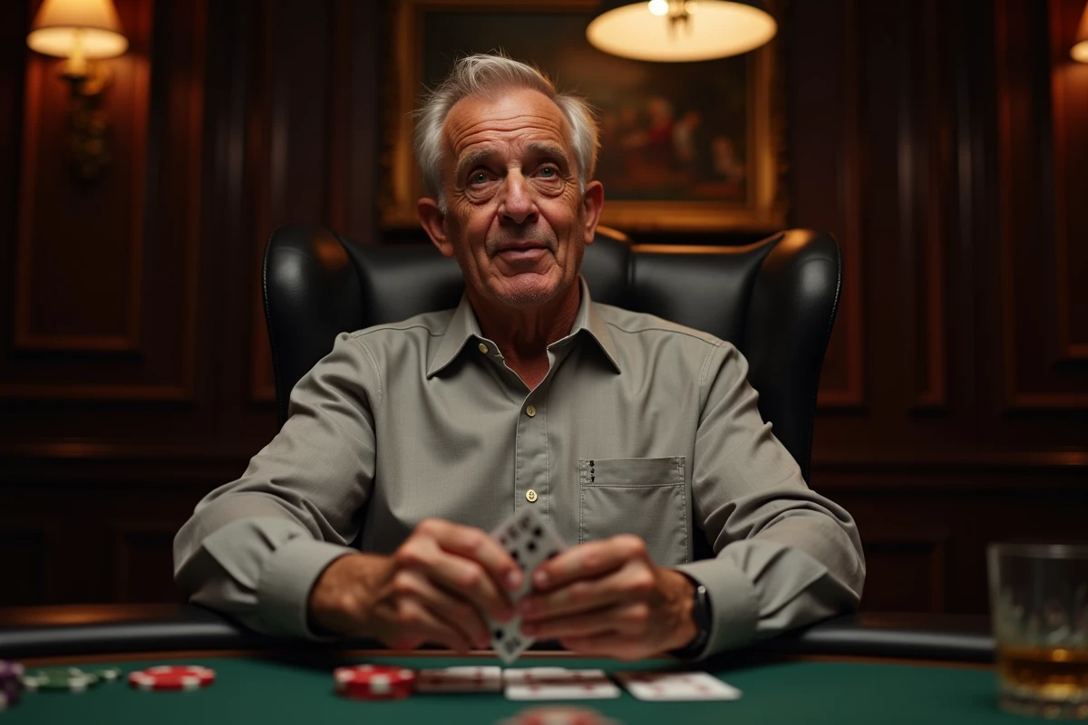 Homme mature tenant ses cartes de poker contre lui dans une salle privée feutrée, expression stratégique et posture détendue