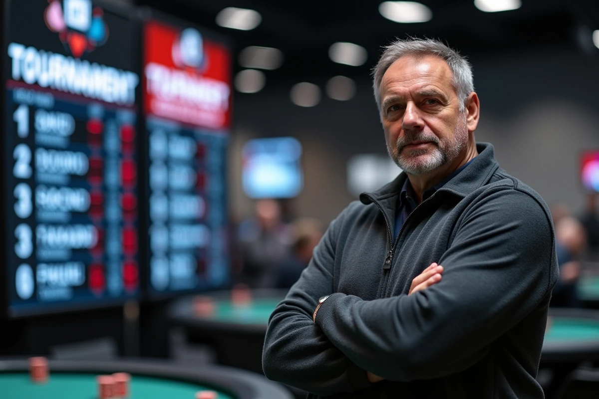 Joueur de poker en tournoi devant un tableau de classement dans une grande salle de compétition, regard déterminé et bras croisés