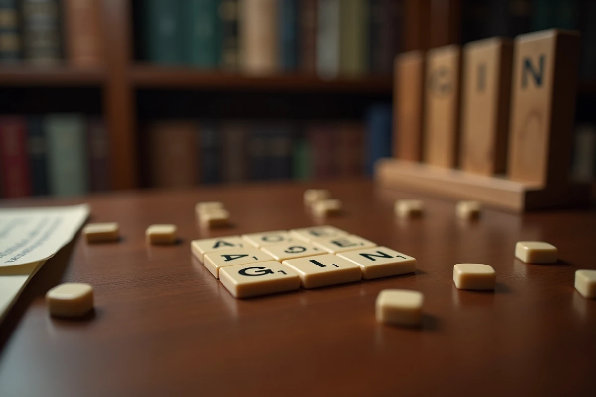 Gros plan sur les tuiles Scrabble formant les mots ACE et GIN sur un plateau en noyer avec une fiche de score manuscrite