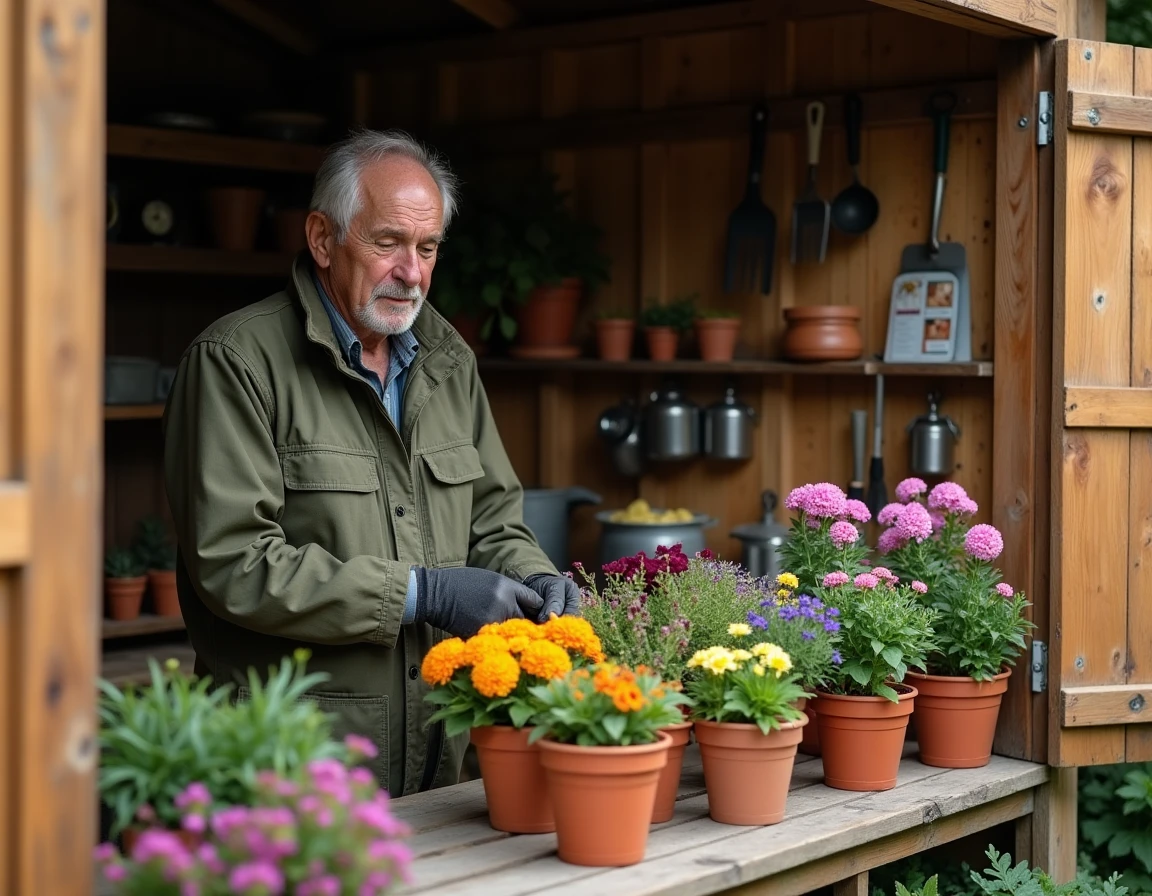 Homme âgé arrangeant des fleurs colorées dans des pots en terre cuite sur un établi en bois dans un atelier de jardinage rustique