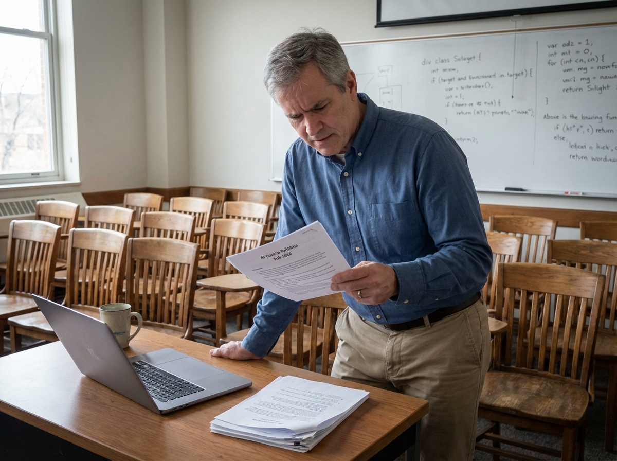 Homme en classe universitaire examinant un syllabus