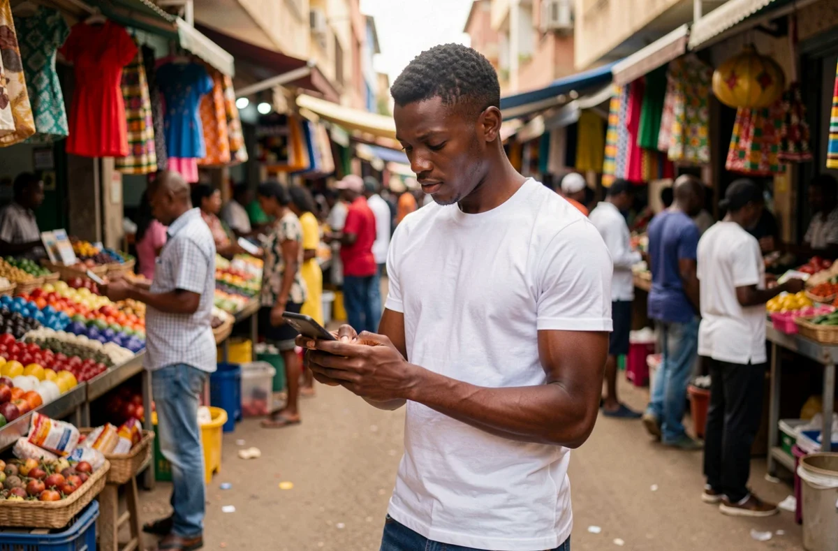 Jeune homme utilisant une application de paiement mobile Orange Money dans un marché urbain africain