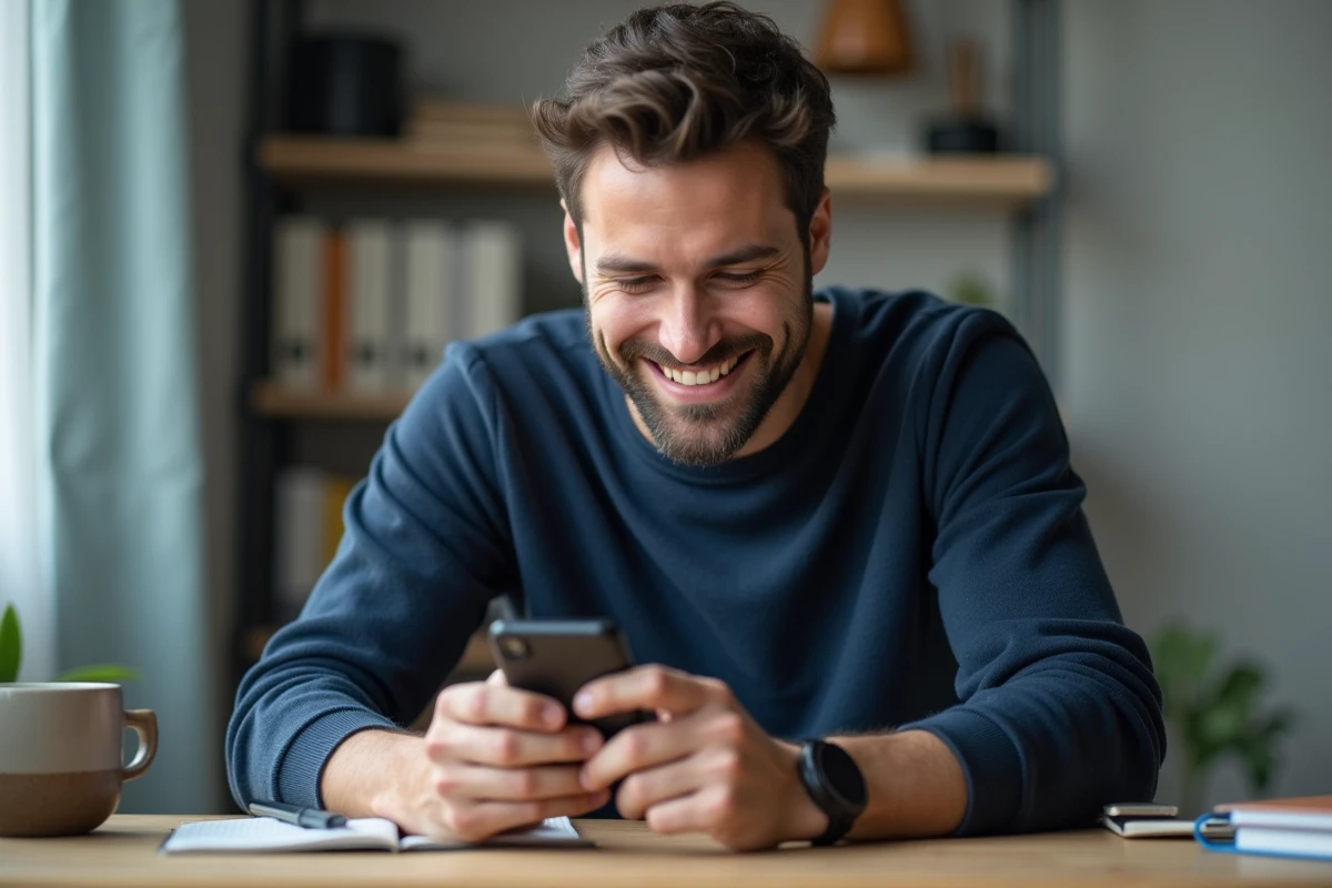 Homme concentré jouant à Monopoly Go sur smartphone dans un bureau à domicile avec un café