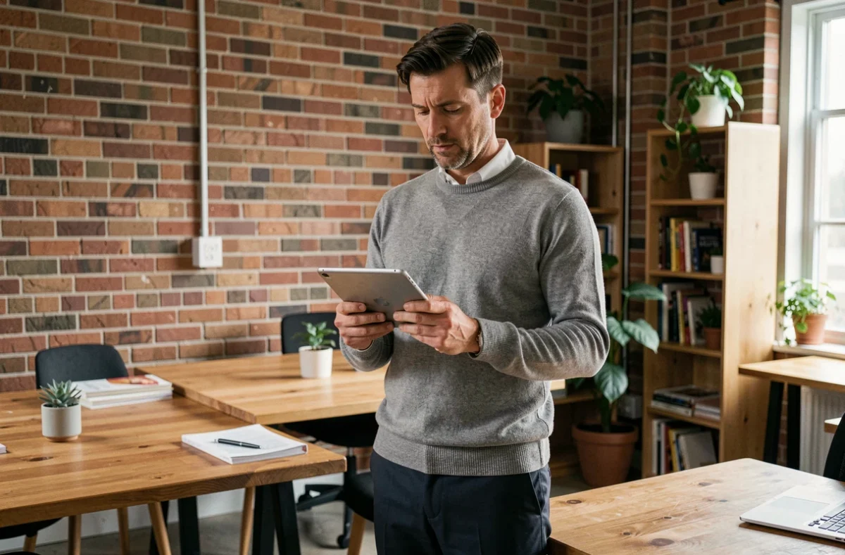 Homme professionnel consultant des informations sur sa carrière dans un espace de coworking urbain