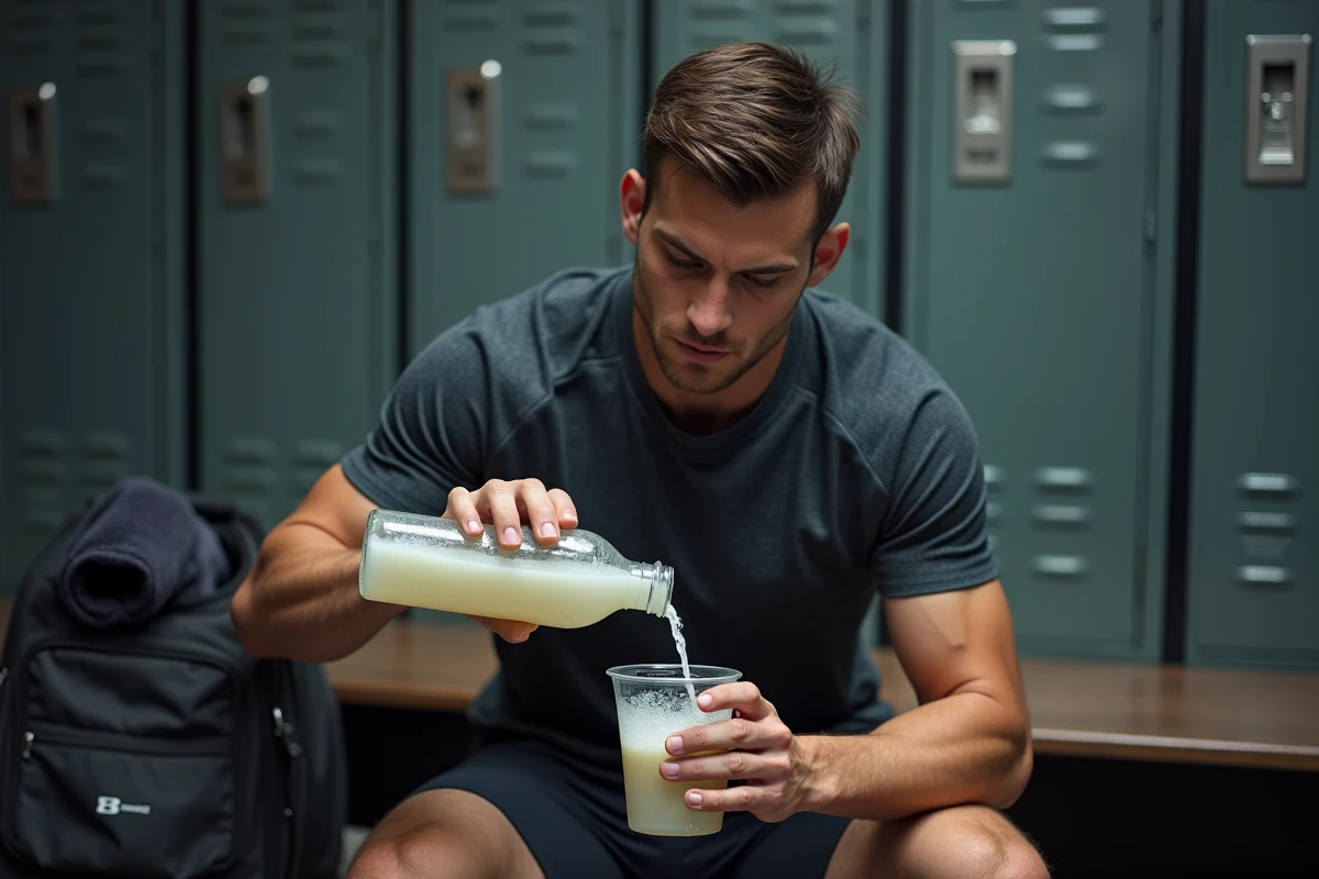 Sportif versant de l'eau de riz dans une bouteille de sport dans un vestiaire après l'effort