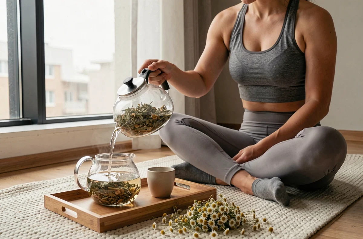 Jeune femme préparant une infusion d'herbes sans calorie pour accompagner son jeûne intermittent
