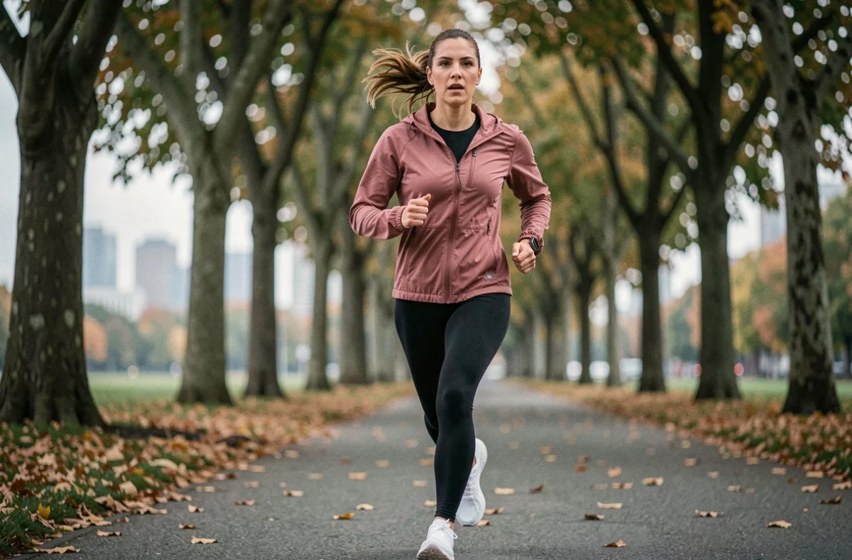 Jeune femme faisant du jogging dans un parc urbain arboré en automne, activité physique quotidienne pour améliorer la santé et le bien-être